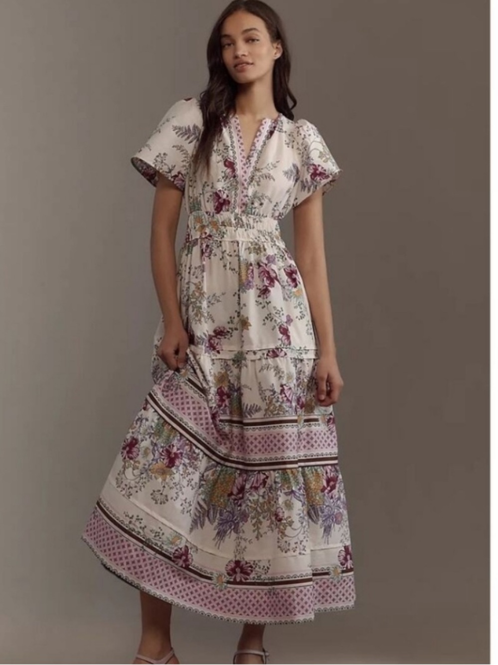 Anthropologie Floral Maxi Dress — Cream with Purple Accents